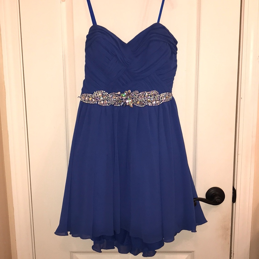 A light blue junior party/prom dress